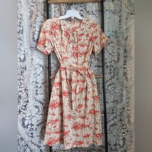 Vintage 60s Sears Floral Midi Dress in Cream and Red With Coord Jacket And Belt